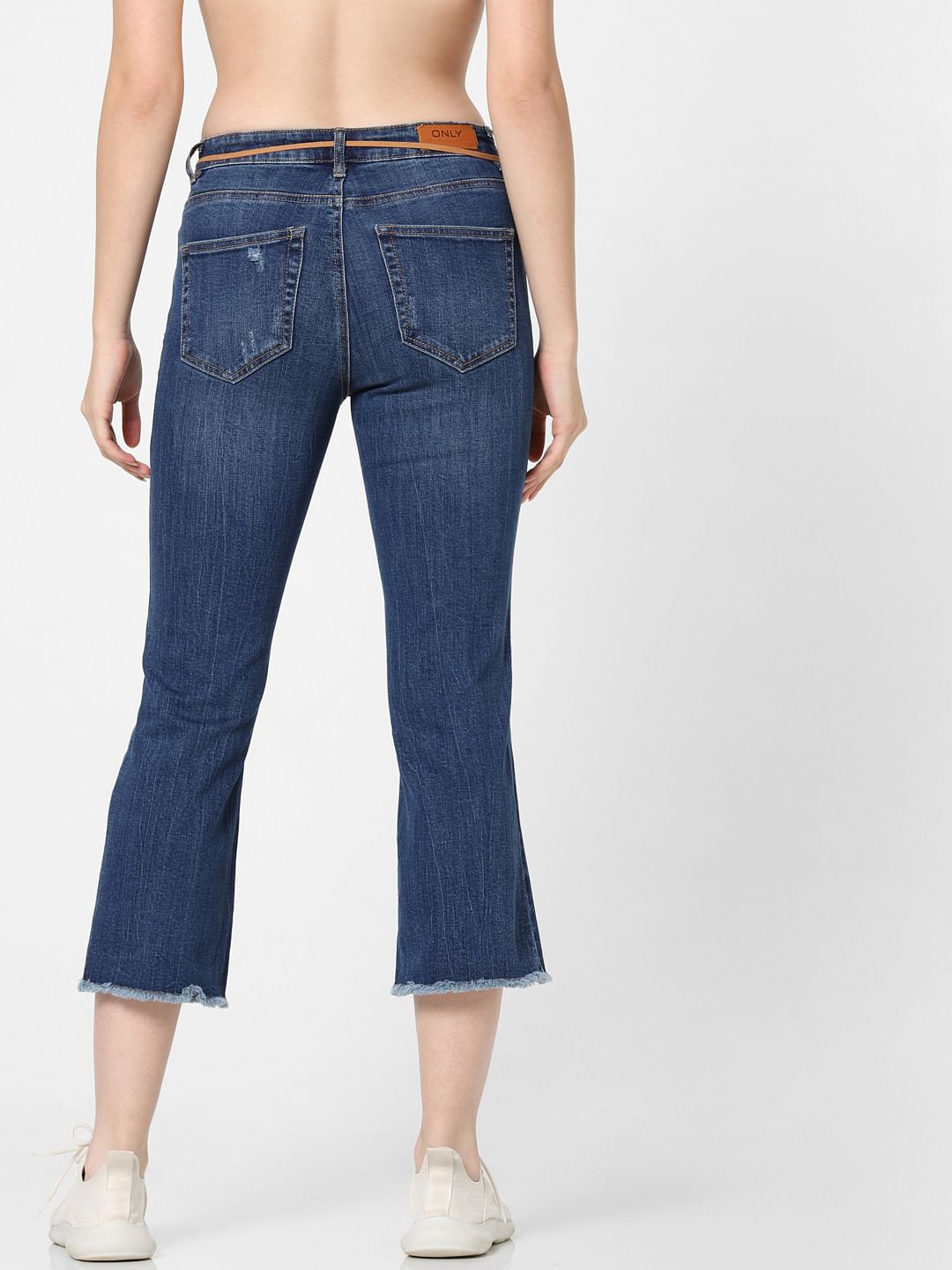 Dark Blue Mid Rise Cropped Flared Jeans