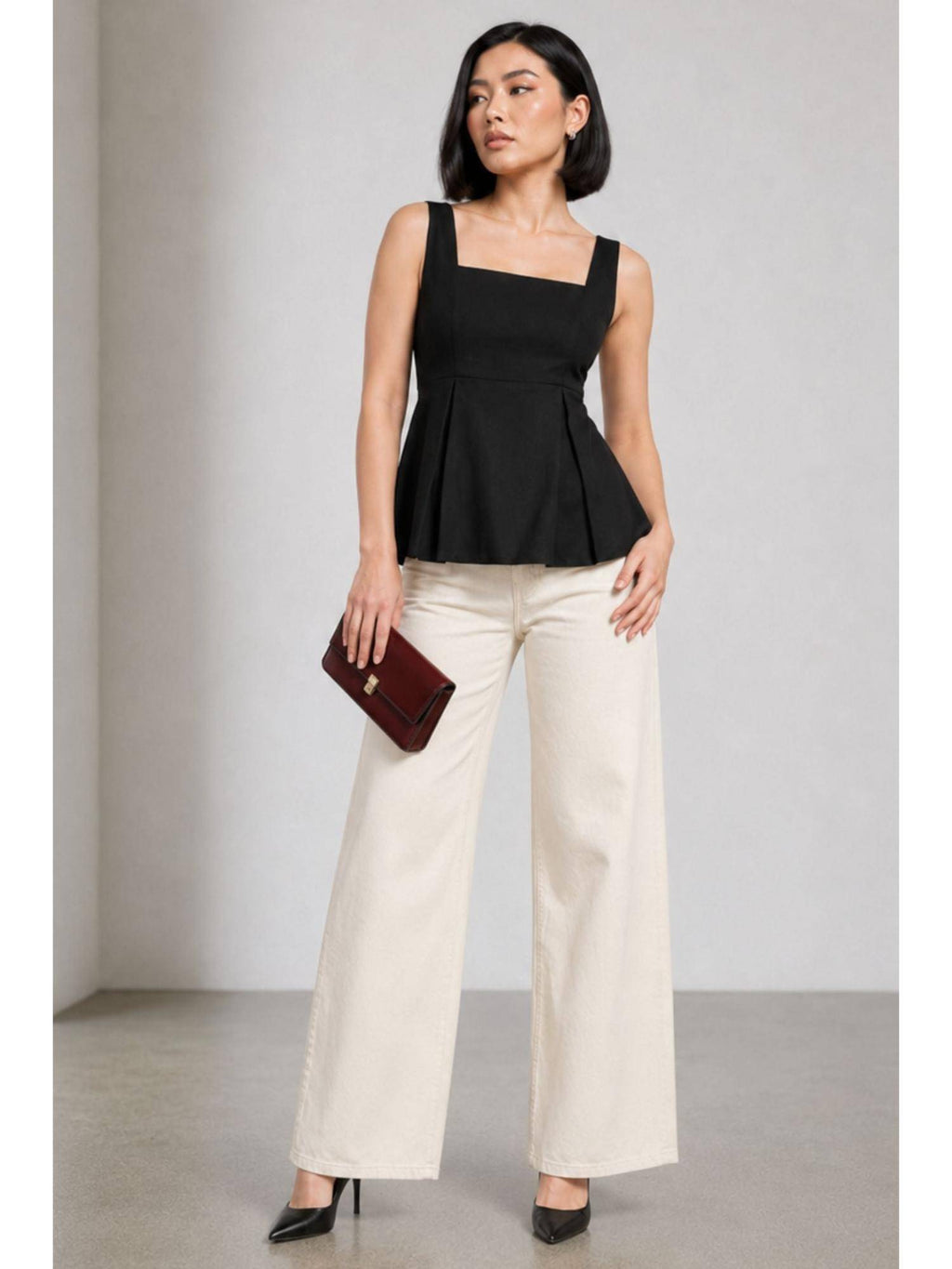 Solid Black Cotton Slub Peplum Top | pt51 - view 1