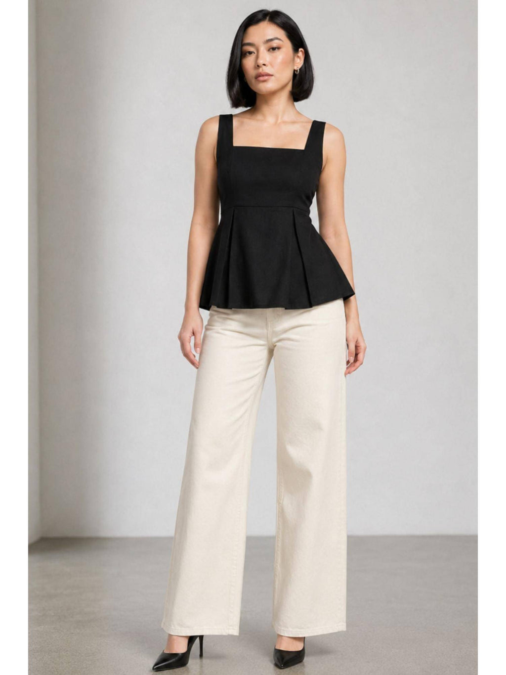 Solid Black Cotton Slub Peplum Top | pt51 - view 2