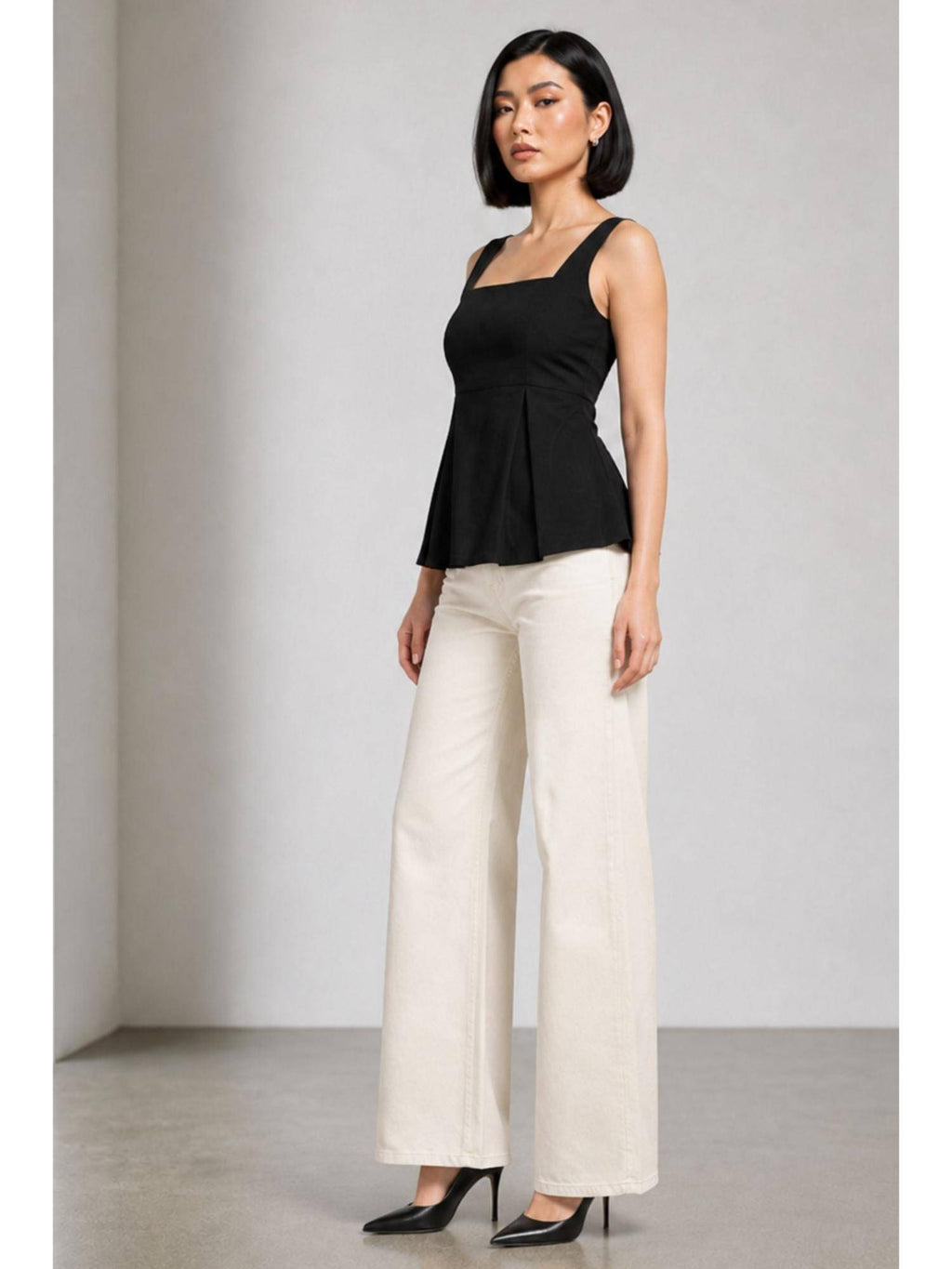 Solid Black Cotton Slub Peplum Top | pt51 - view 6