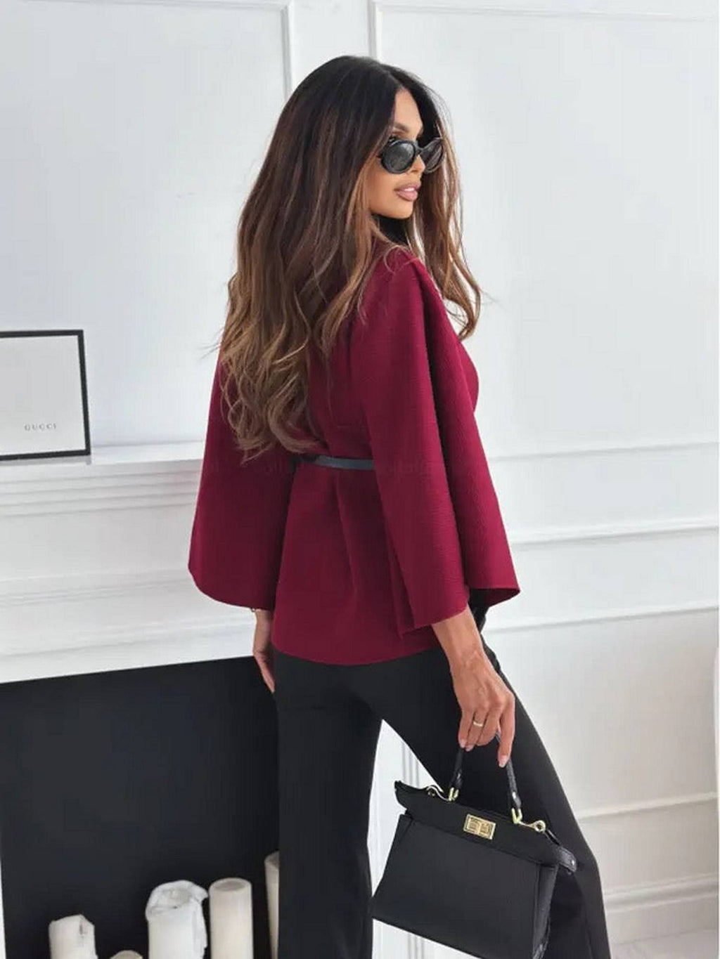 Donatella Winter Maroon Cape with Belt | JC78 - view 2