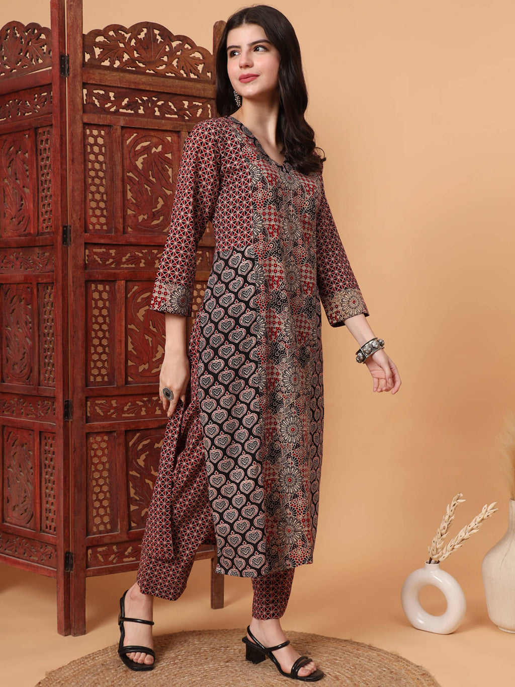 Hand Block Ajrak Print Multi Straight Long Kurta | U3S - view 6