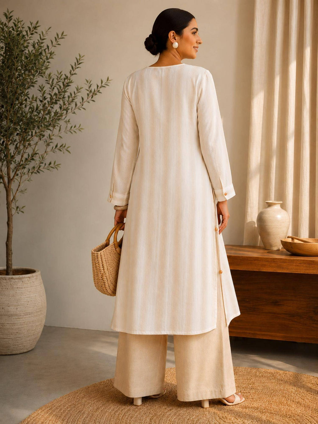 Ivory Solid/Plain Full Sleeves Tie-Ups Dress | D56 - view 2
