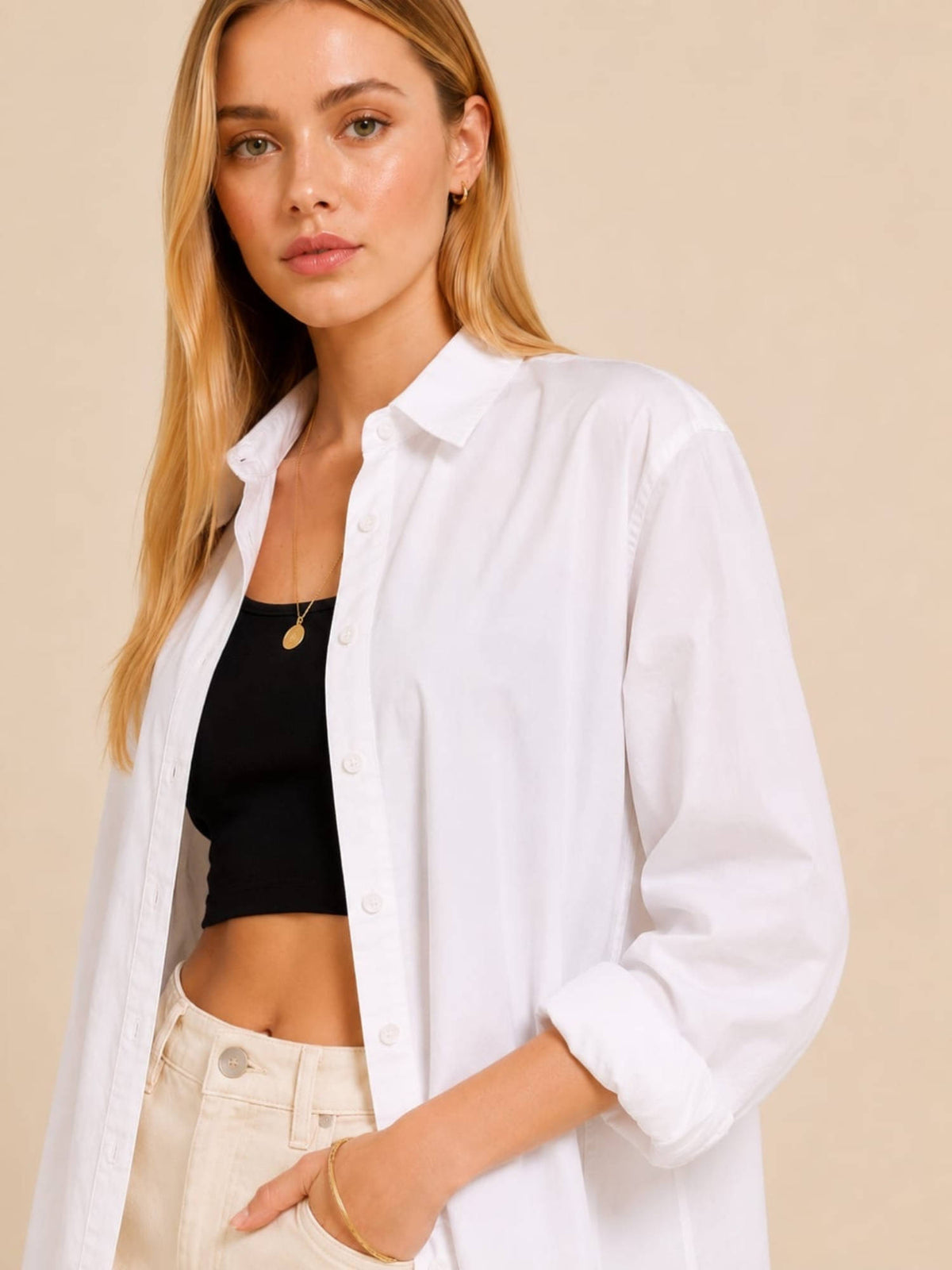 White Solid/Plain Full Sleeves Oversized Shirt | S67 - view 2