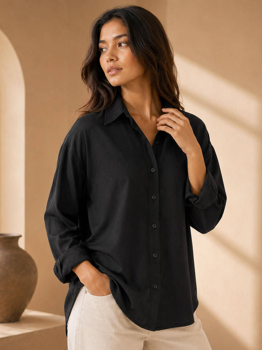 Black Solid/Plain Full Sleeves Relaxed Shirt | S67 - view 1