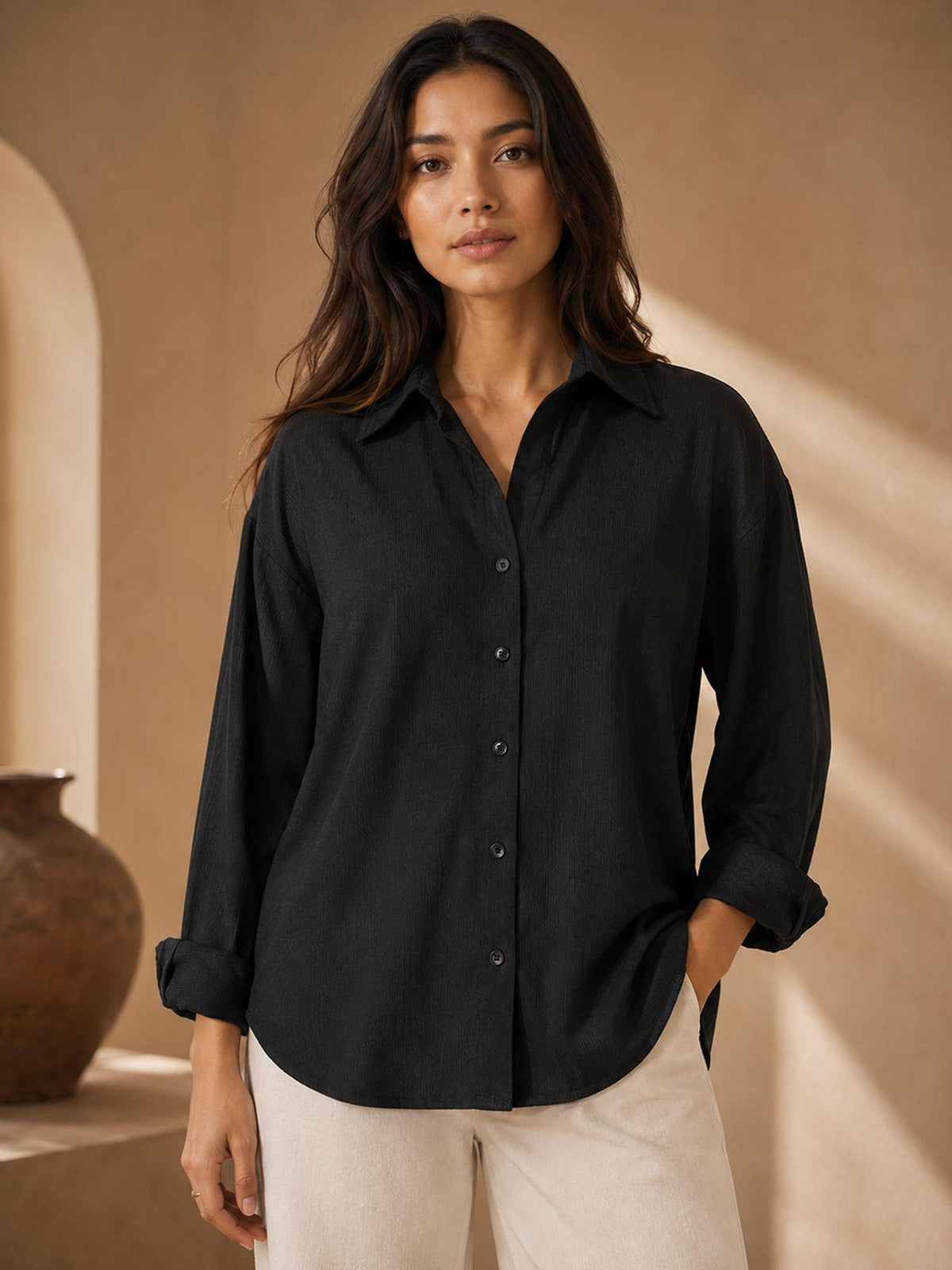 Black Solid/Plain Full Sleeves Relaxed Shirt | S67 - view 3