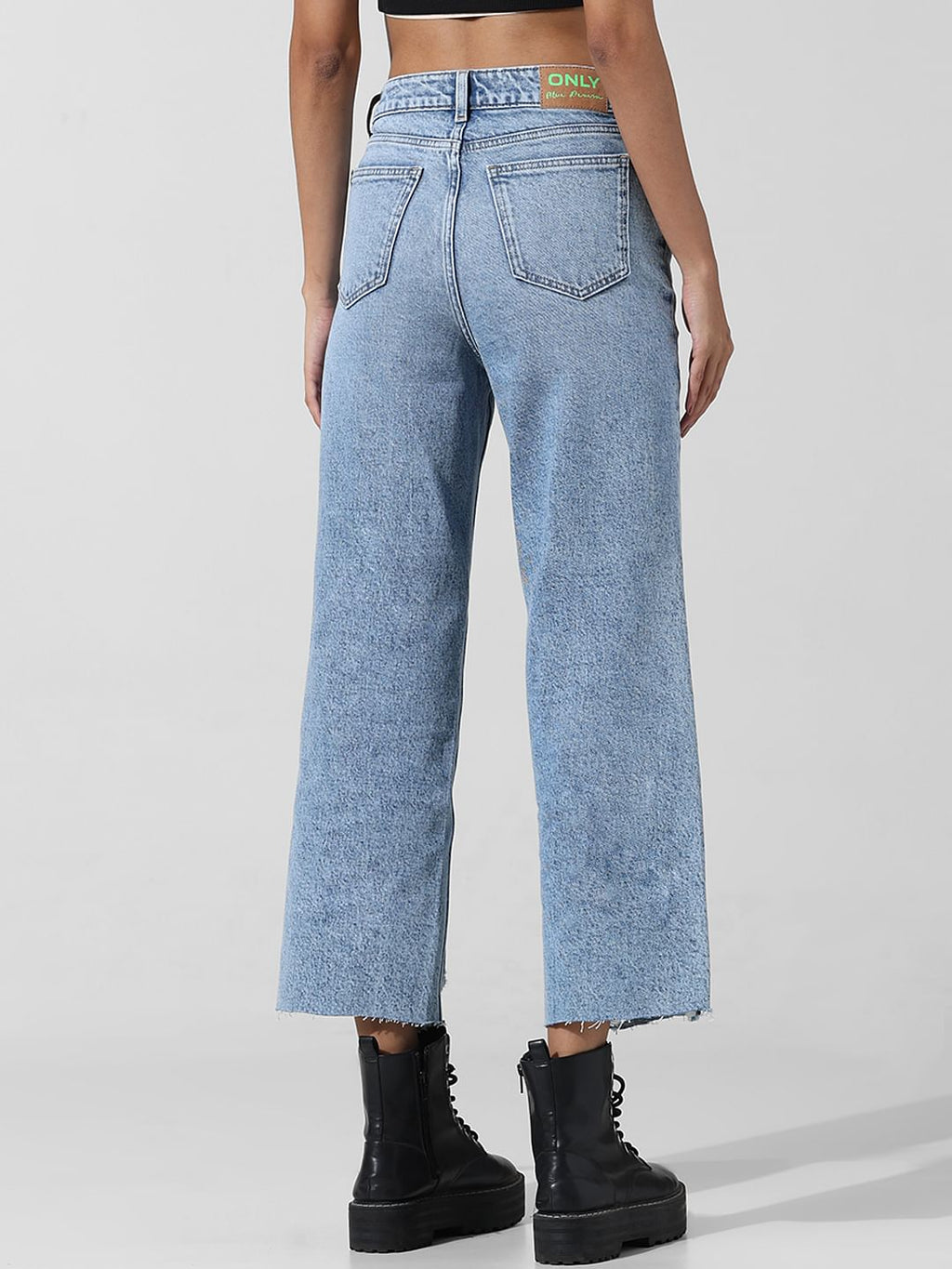Blue High Rise Raw Edge Straight Fit Jeans