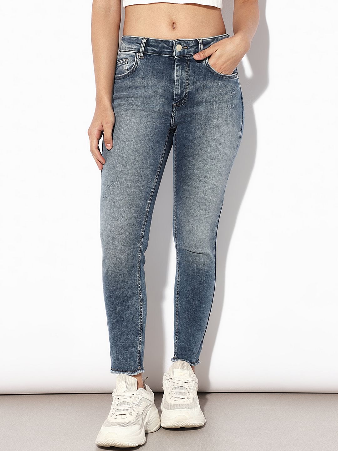 Blue Mid Rise Raw Edge Skinny Jeans