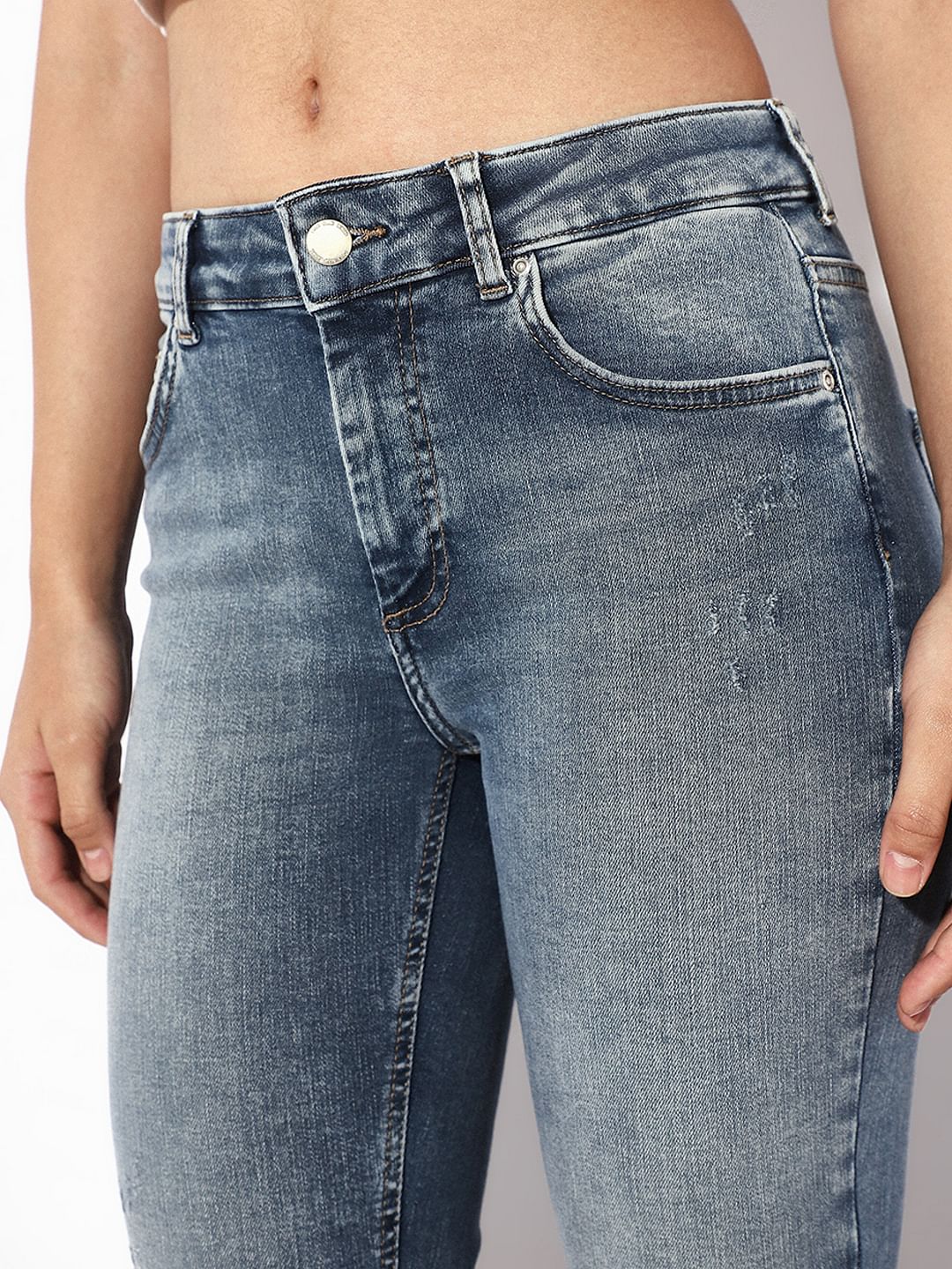 Blue Mid Rise Raw Edge Skinny Jeans