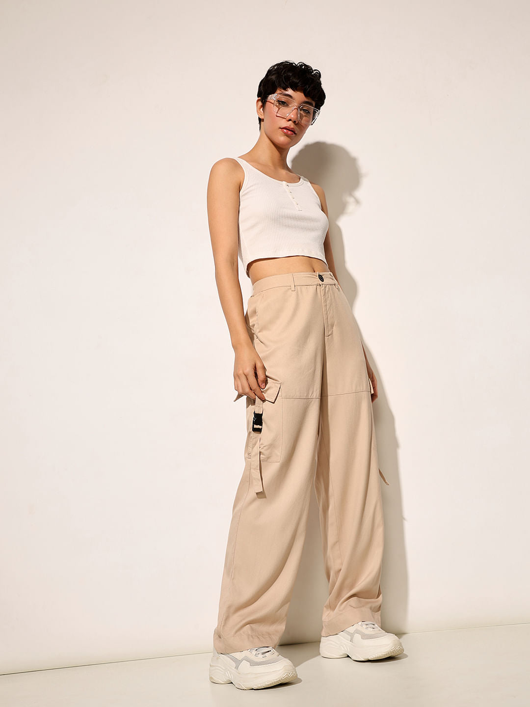 Beige High Rise Twill Cargo Pants