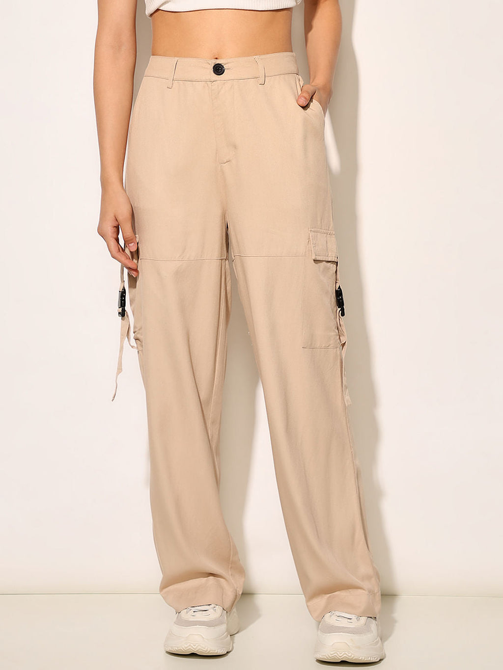 Beige High Rise Twill Cargo Pants