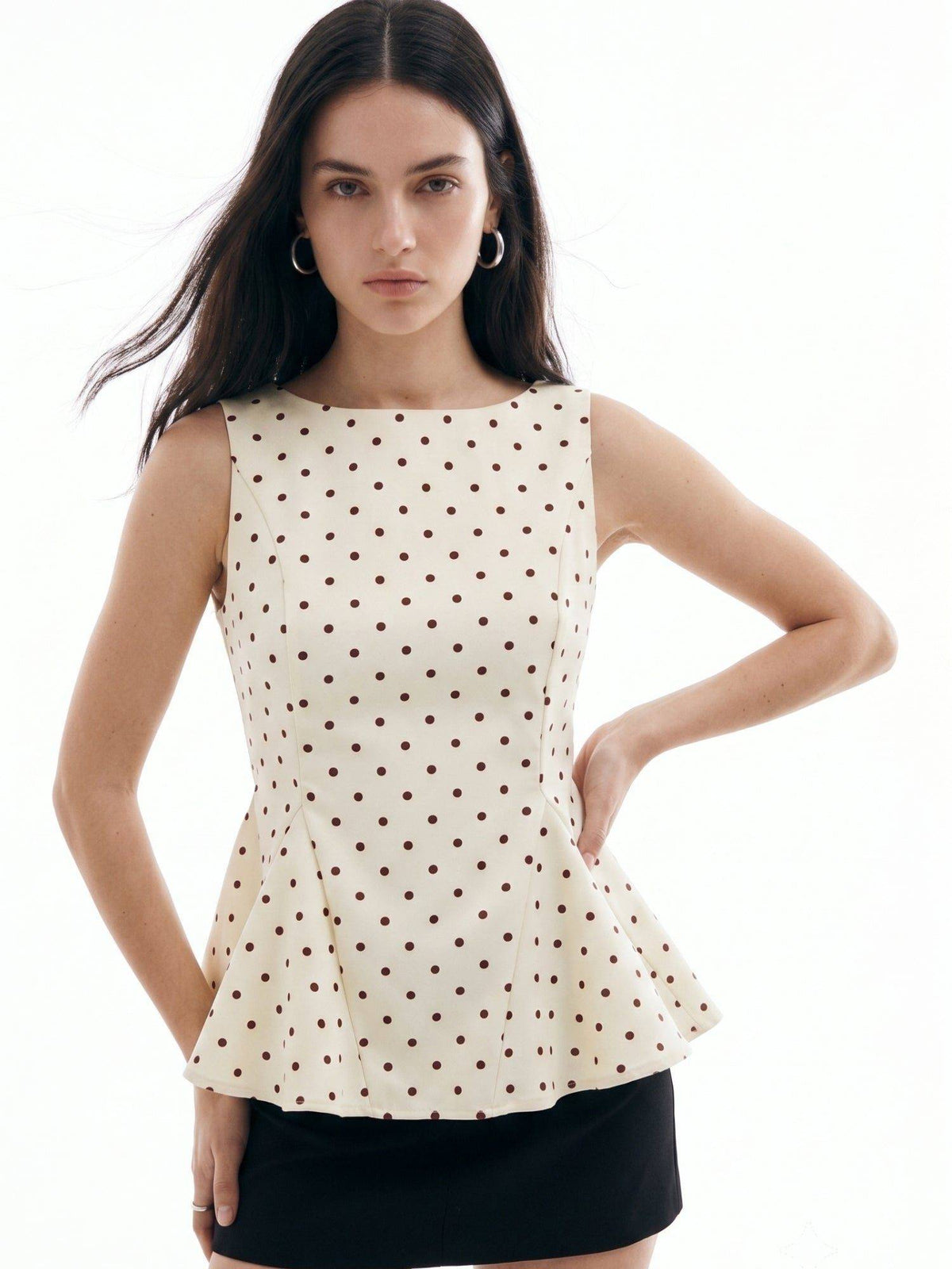 White Boat Neck Polka Dotted Peplum Top | pt51 - view 2