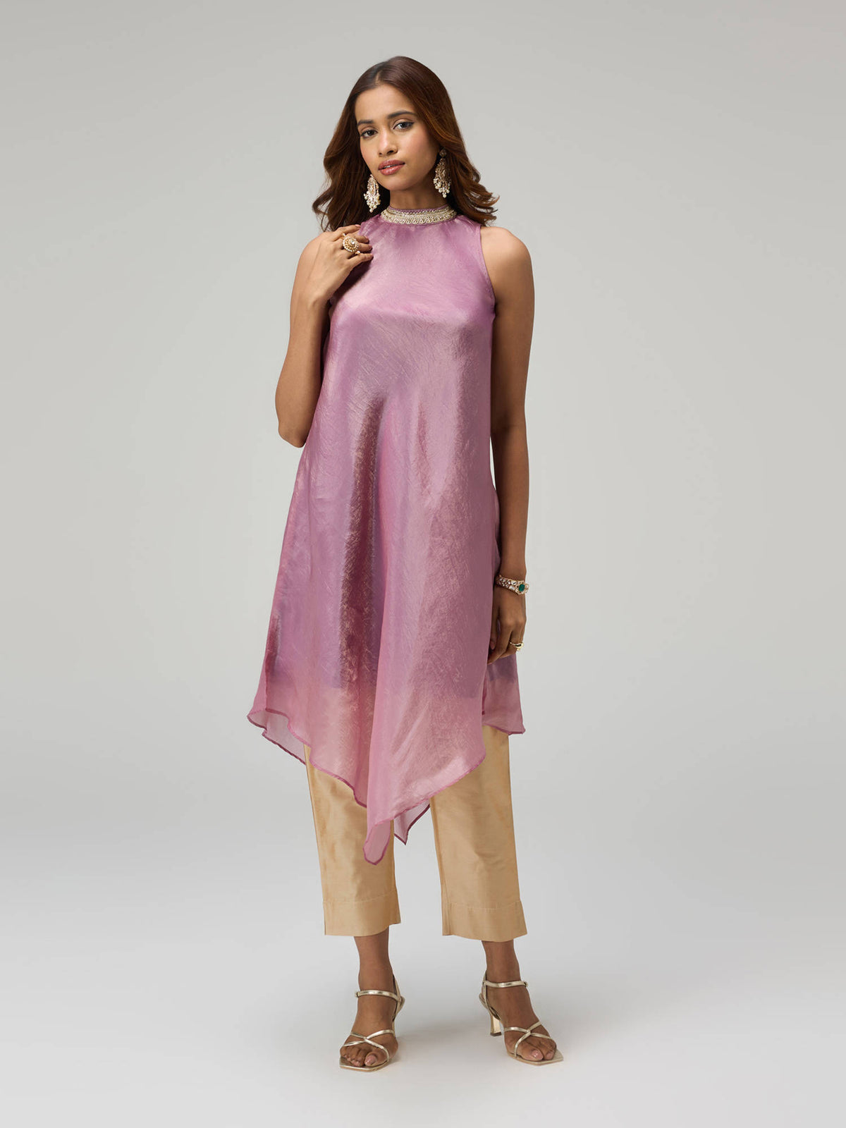 Moroccan View Purple Tissue Embellished Neckline Asymmetric Kurta | KDG - view 1
