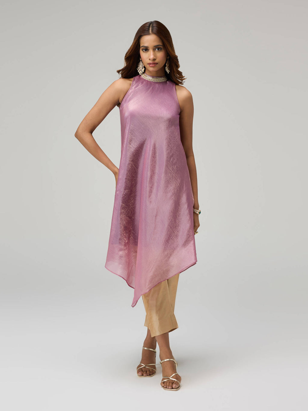 Moroccan View Purple Tissue Embellished Neckline Asymmetric Kurta | KDG - view 11