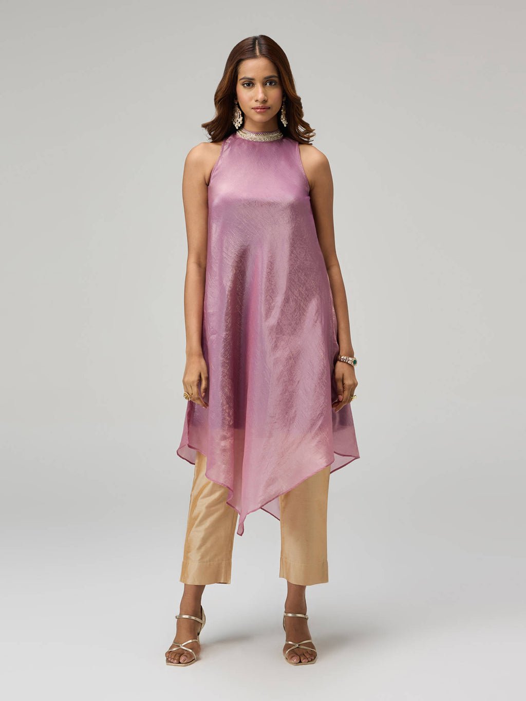 Moroccan View Purple Tissue Embellished Neckline Asymmetric Kurta | KDG - view 2