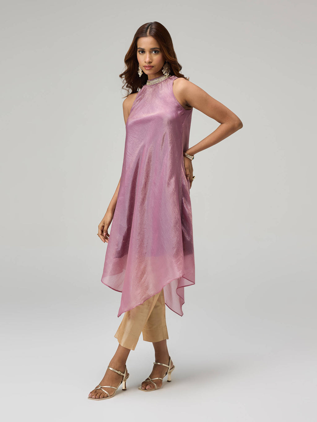 Moroccan View Purple Tissue Embellished Neckline Asymmetric Kurta | KDG - view 3