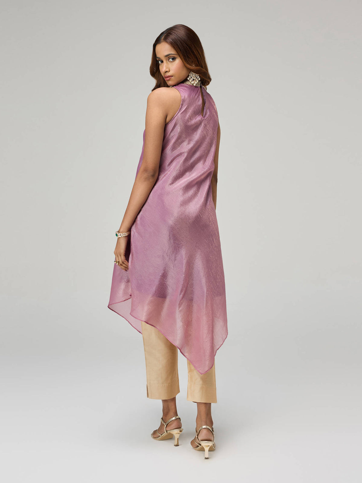 Moroccan View Purple Tissue Embellished Neckline Asymmetric Kurta | KDG - view 4