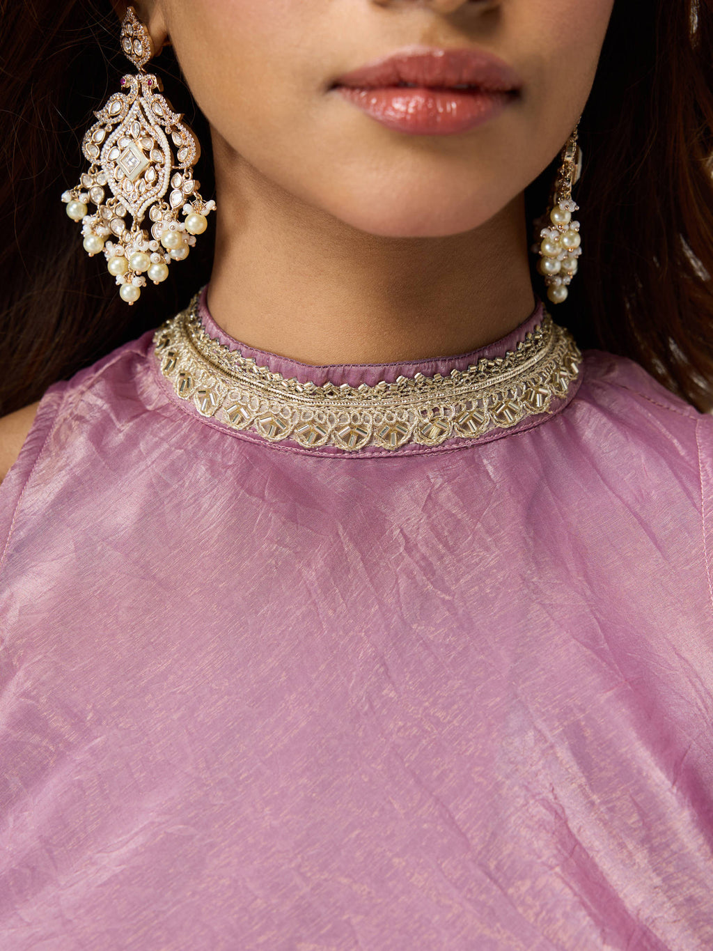 Moroccan View Purple Tissue Embellished Neckline Asymmetric Kurta | FY93 - view 6