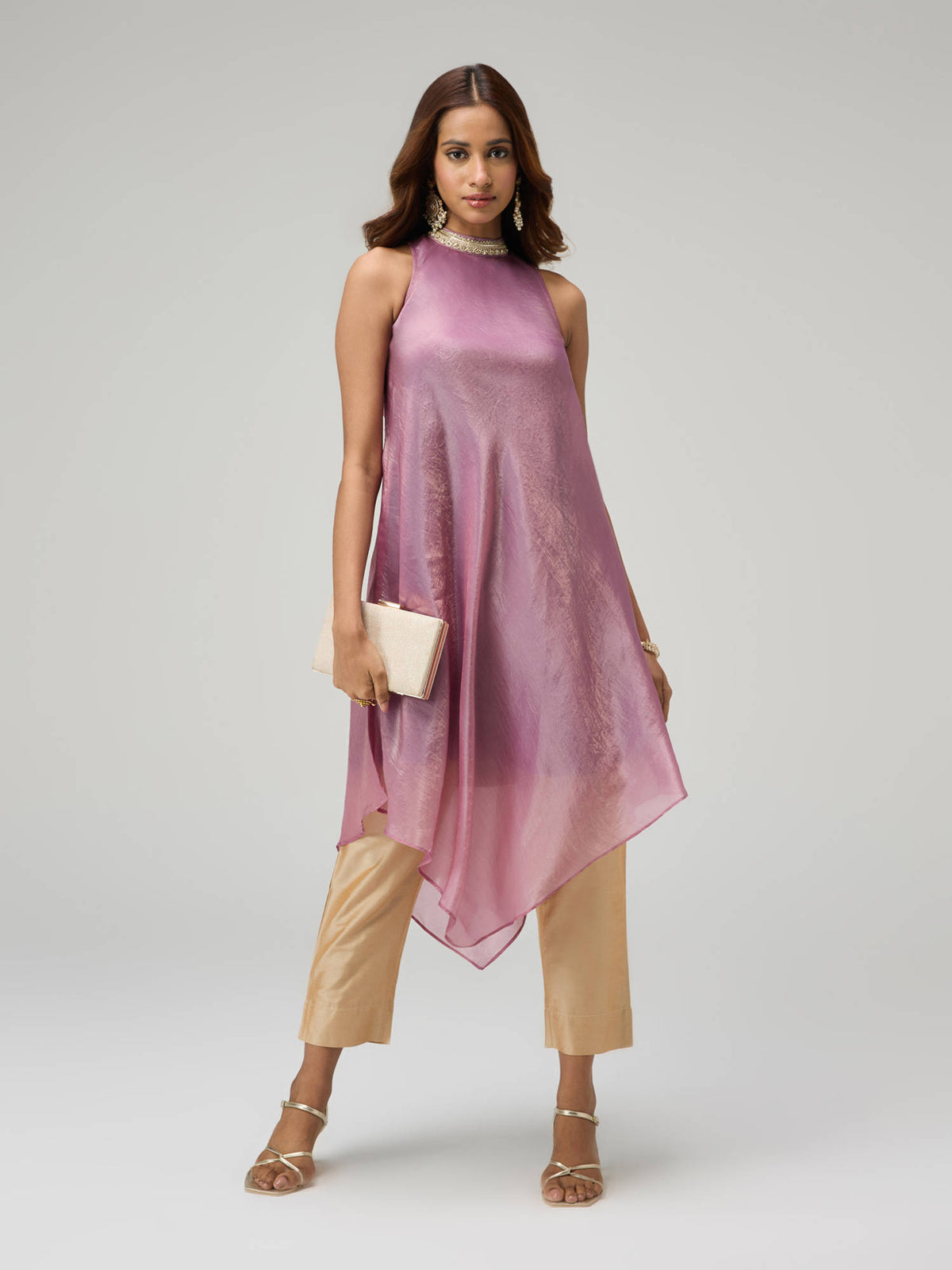 Moroccan View Purple Tissue Embellished Neckline Asymmetric Kurta | FY93 - view 8