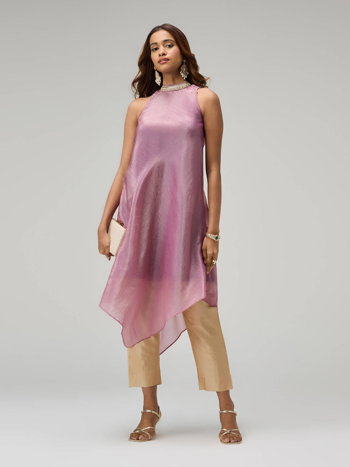Moroccan View Purple Tissue Embellished Neckline Asymmetric Kurta | KDG - view 9