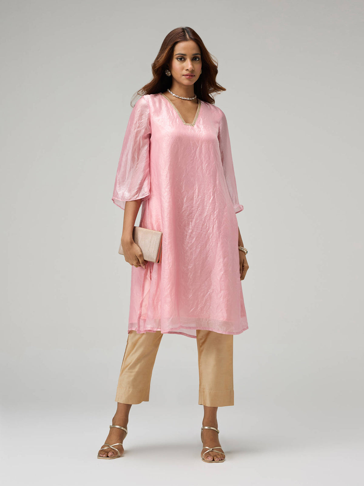 Moroccan View Pink Tissue Embellished Bell Sleeves Kurta | KDG - view 9