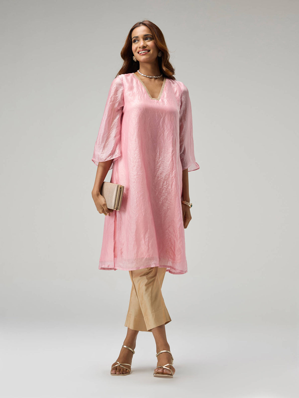 Moroccan View Rust Tissue Embellished Bell Sleeves Kurta | KDG - view 10