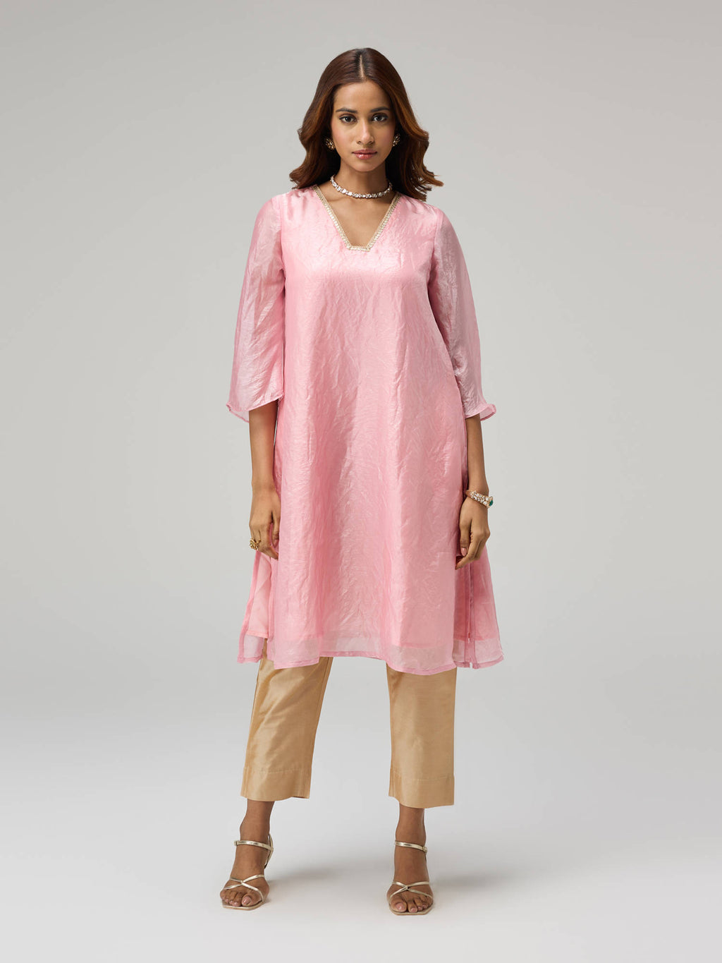 Moroccan View Pink Tissue Embellished Bell Sleeves Kurta | FY93 - view 2