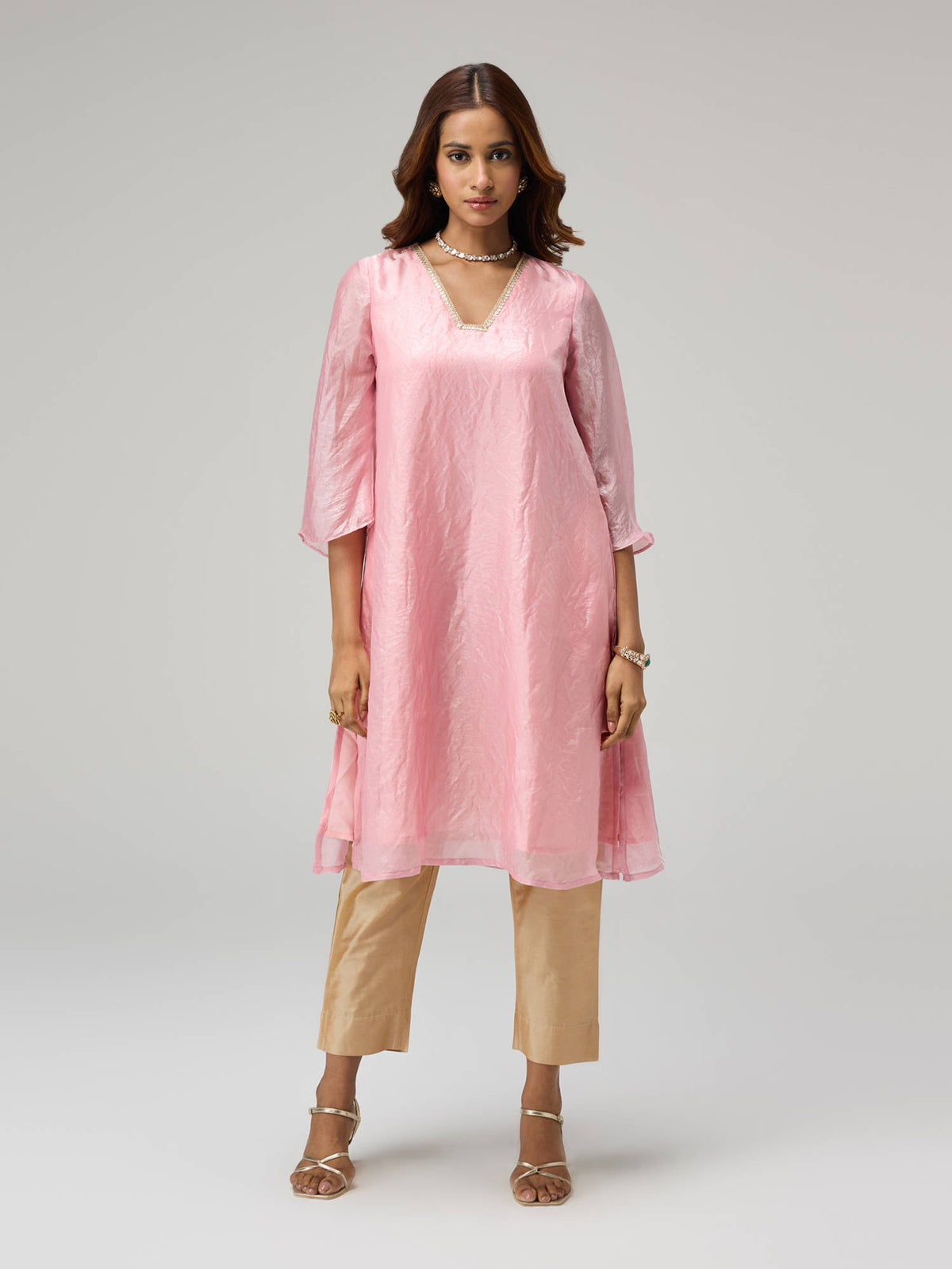 Moroccan View Pink Tissue Embellished Bell Sleeves Kurta | FY93 - view 2