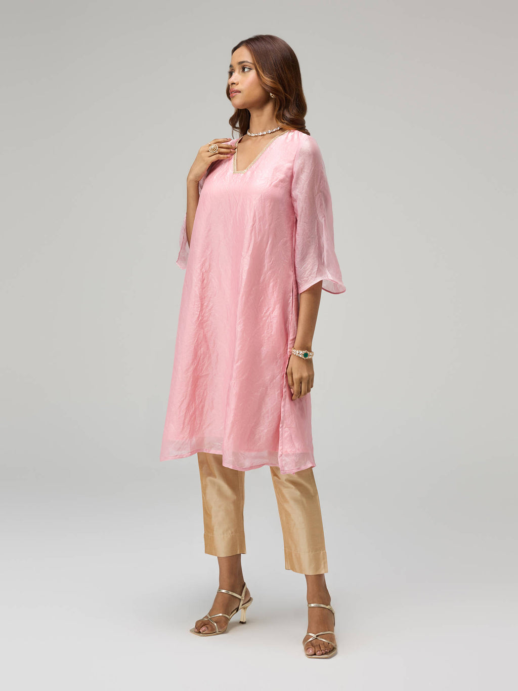 Moroccan View Pink Tissue Embellished Bell Sleeves Kurta | KDG - view 3