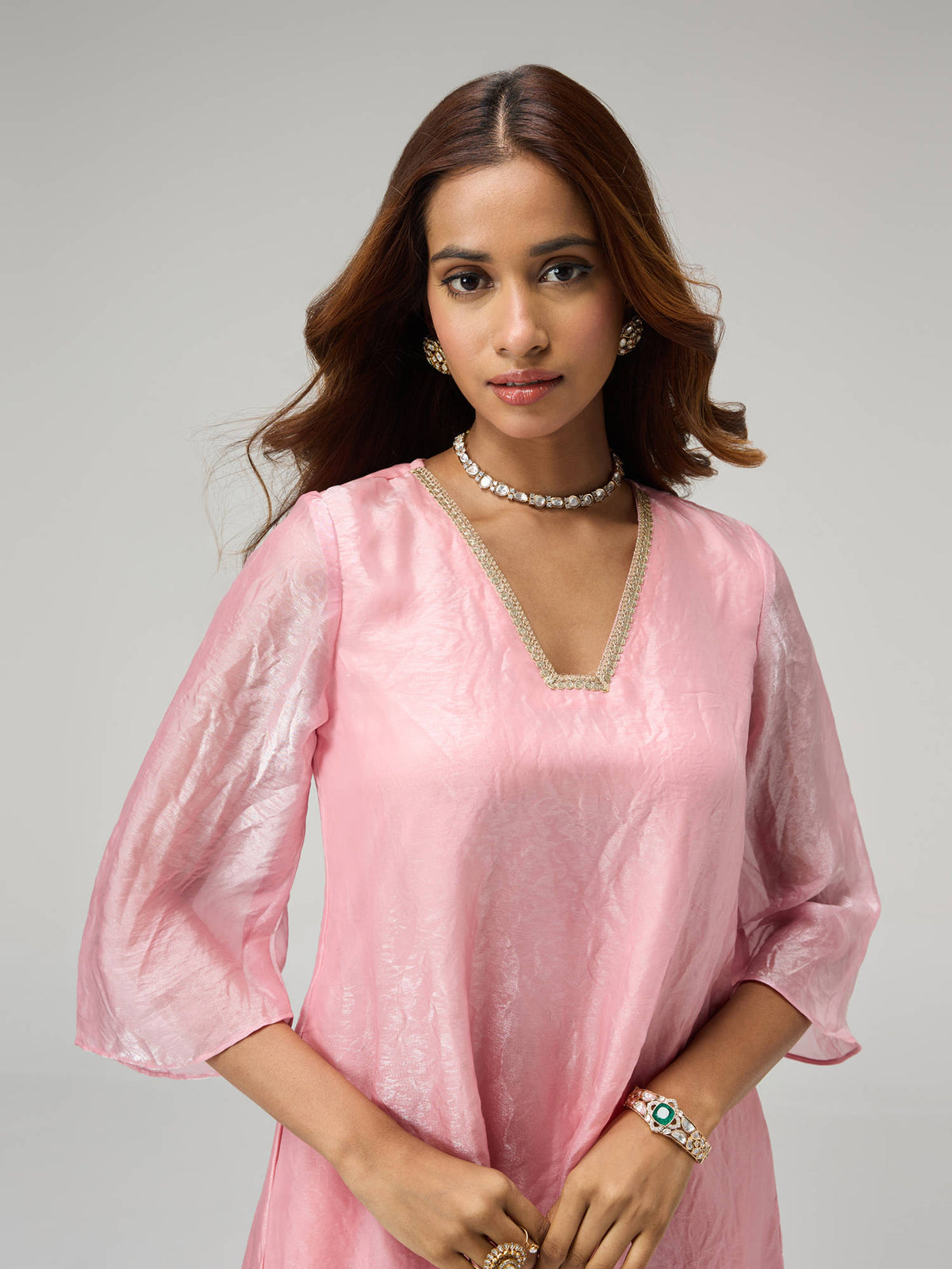 Moroccan View Pink Tissue Embellished Bell Sleeves Kurta | KDG - view 5