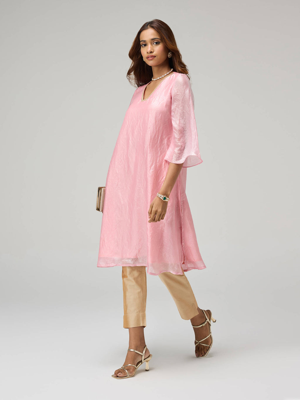 Moroccan View Rust Tissue Embellished Bell Sleeves Kurta | KDG - view 16