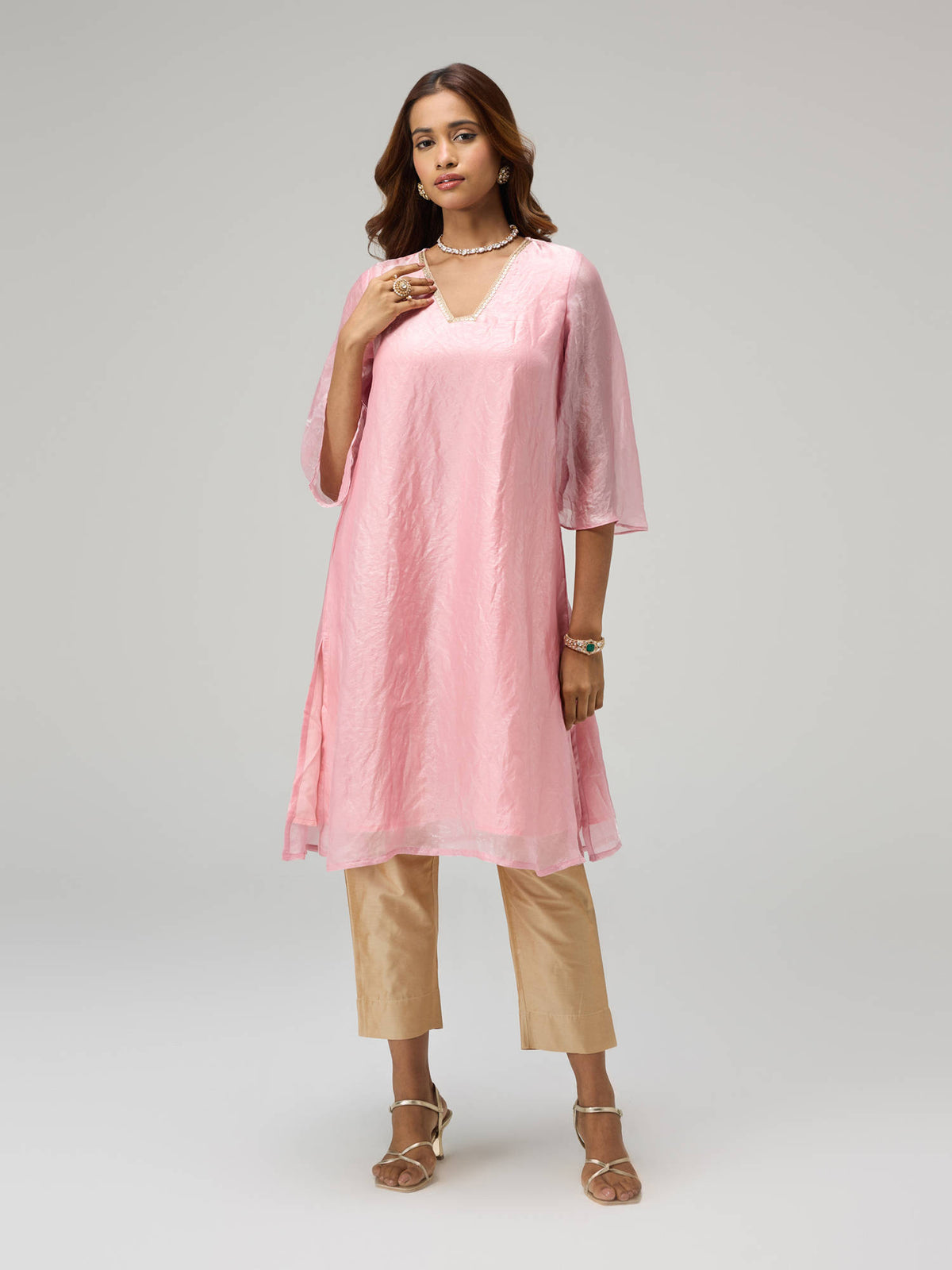 Moroccan View Pink Tissue Embellished Bell Sleeves Kurta | KDG - view 8