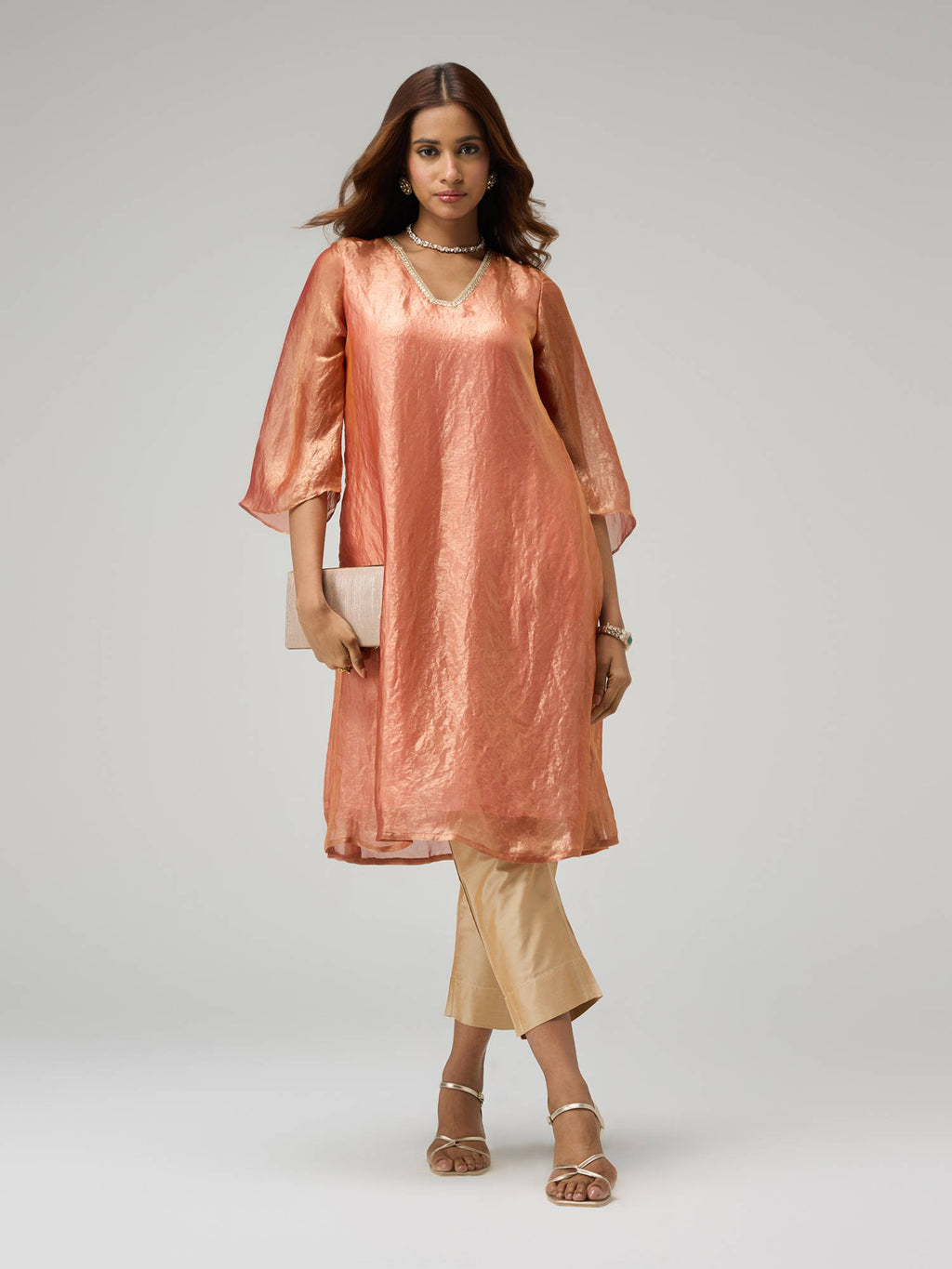 Moroccan View Rust Tissue Embellished Bell Sleeves Kurta | KDG - view 1