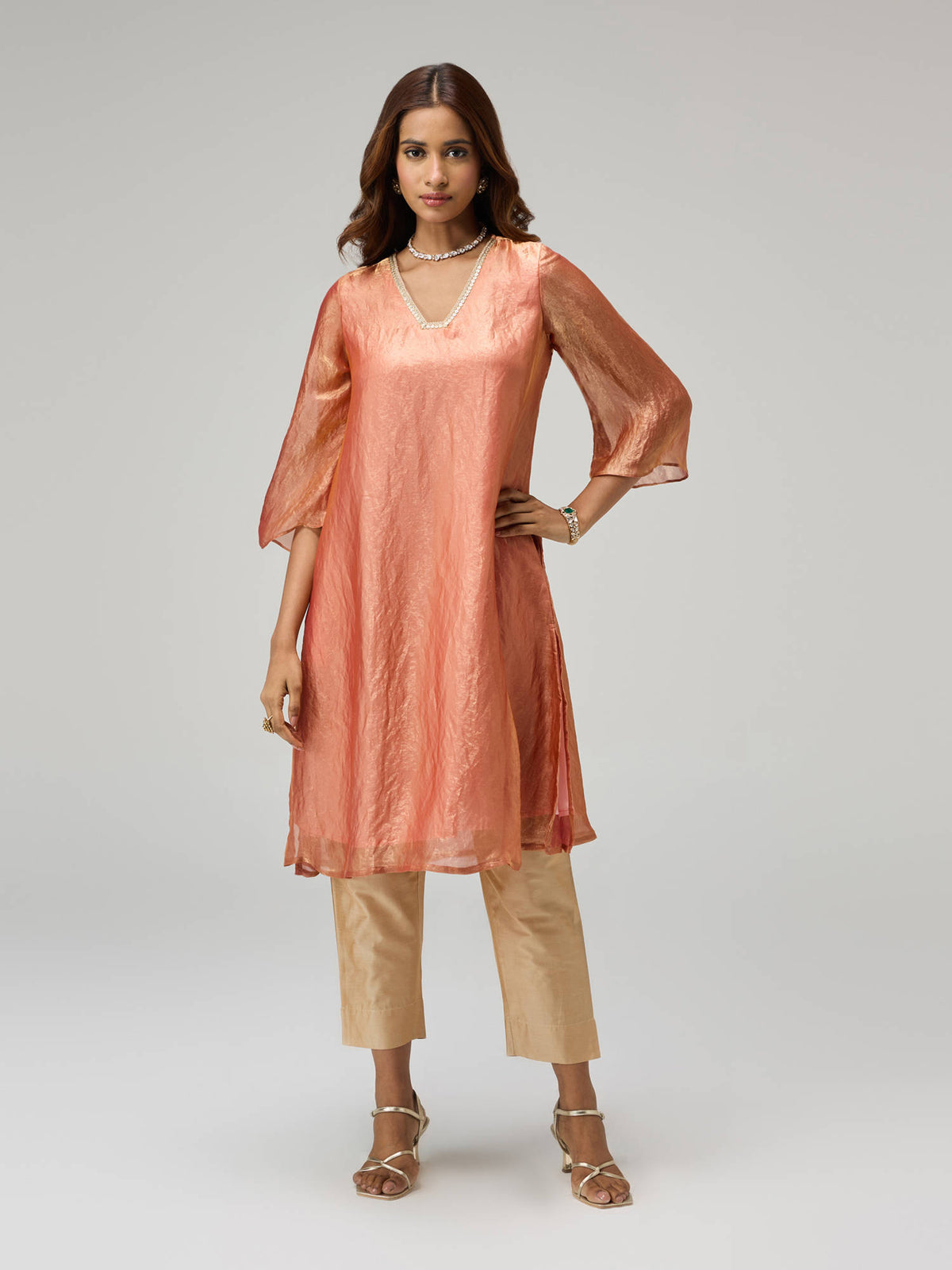 Moroccan View Pink Tissue Embellished Bell Sleeves Kurta | KDG - view 11