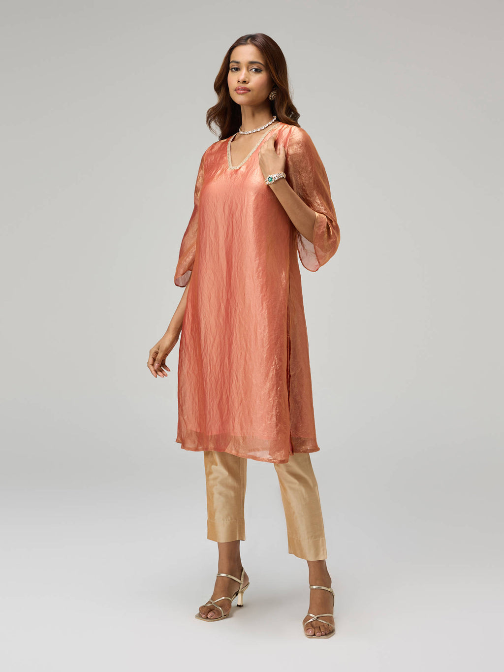 Moroccan View Rust Tissue Embellished Bell Sleeves Kurta | KDG - view 3
