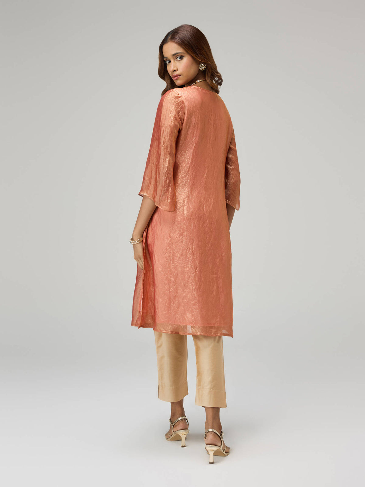 Moroccan View Pink Tissue Embellished Bell Sleeves Kurta | FY93 - view 13