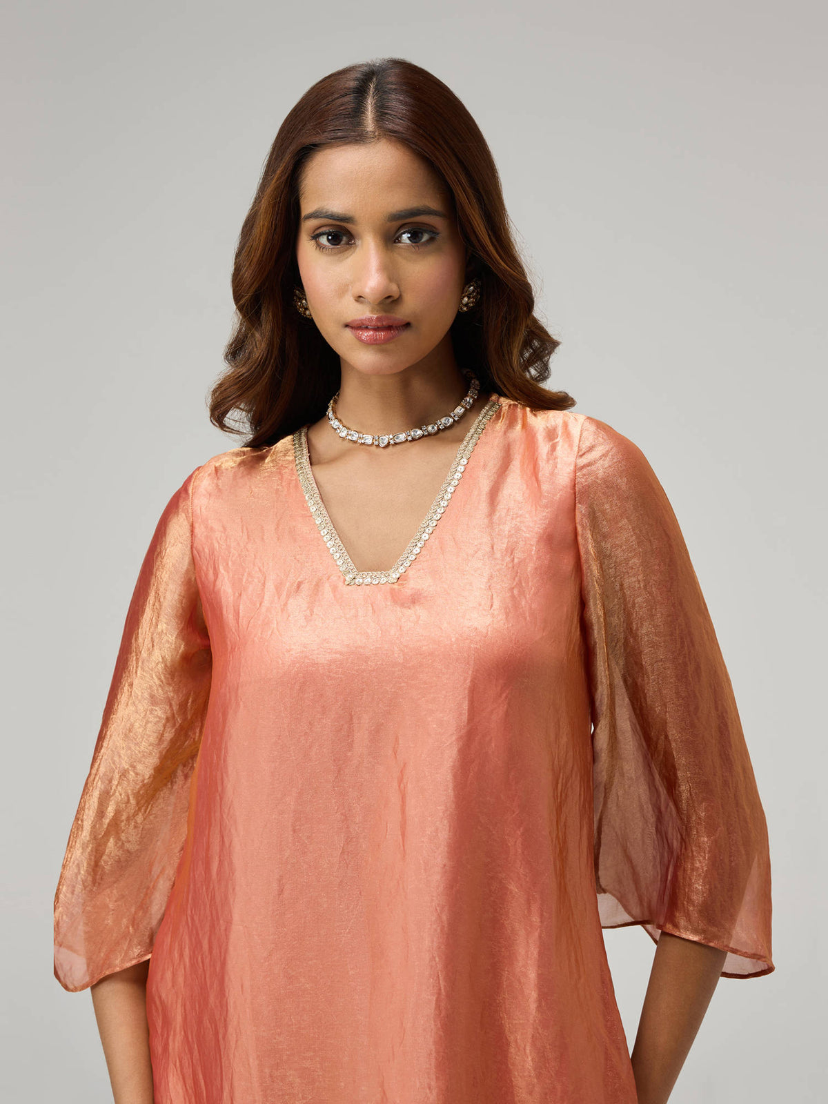 Moroccan View Rust Tissue Embellished Bell Sleeves Kurta | KDG - view 5