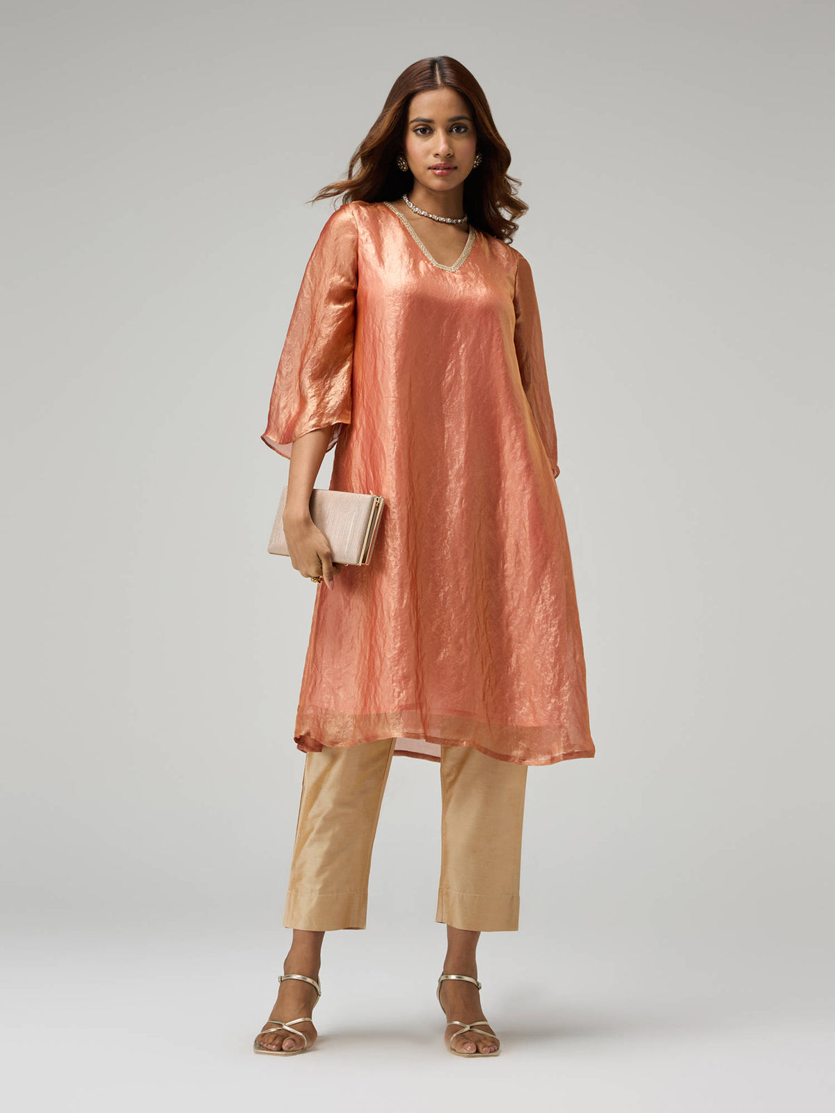 Moroccan View Pink Tissue Embellished Bell Sleeves Kurta | FY93 - view 16