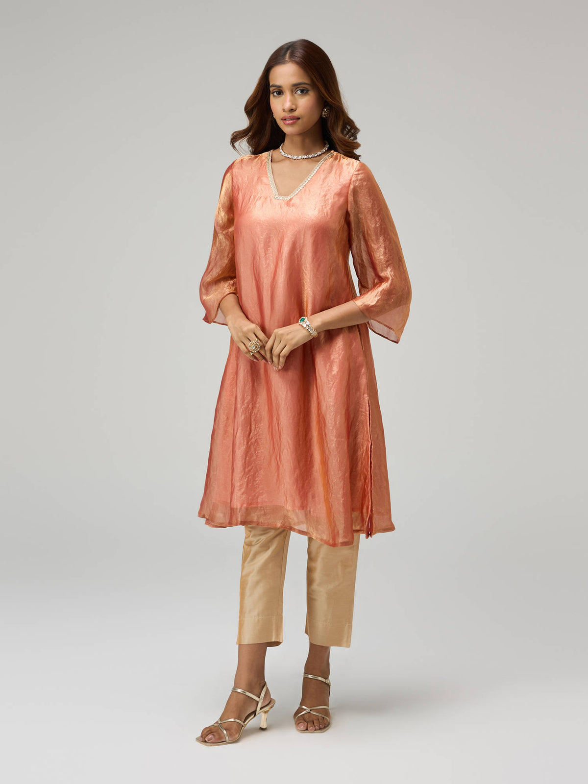 Moroccan View Pink Tissue Embellished Bell Sleeves Kurta | KDG - view 17
