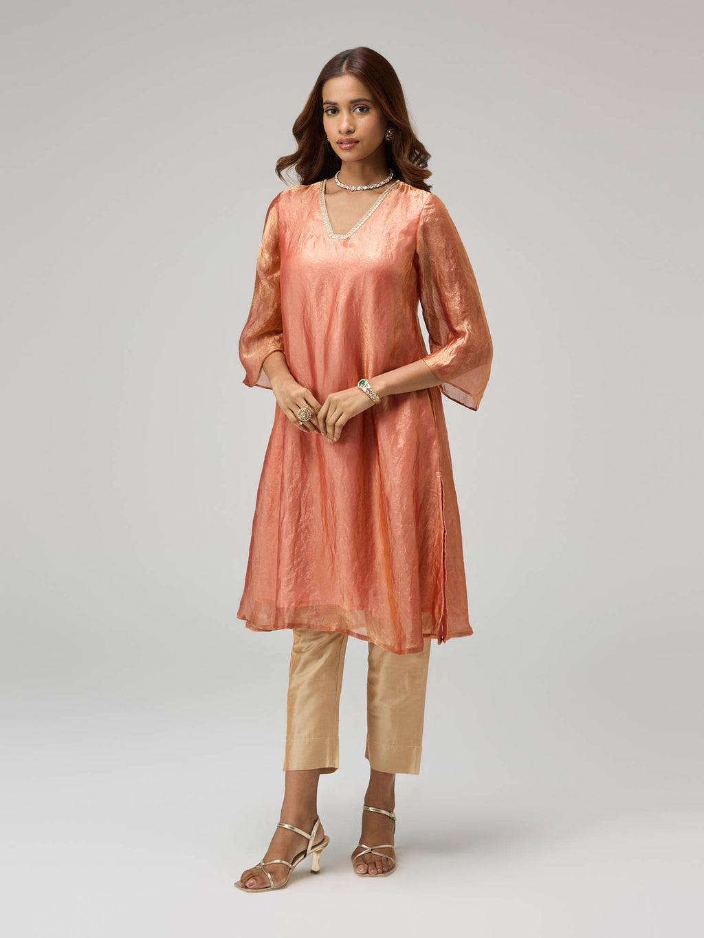 Moroccan View Rust Tissue Embellished Bell Sleeves Kurta | KDG - view 8
