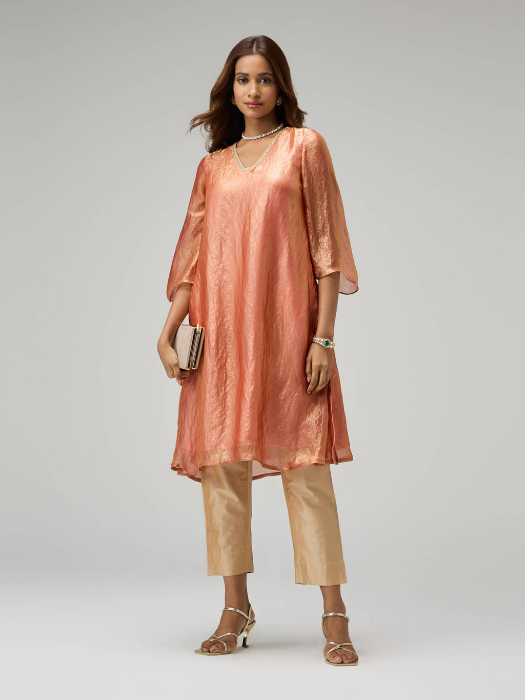 Moroccan View Rust Tissue Embellished Bell Sleeves Kurta | KDG - view 9