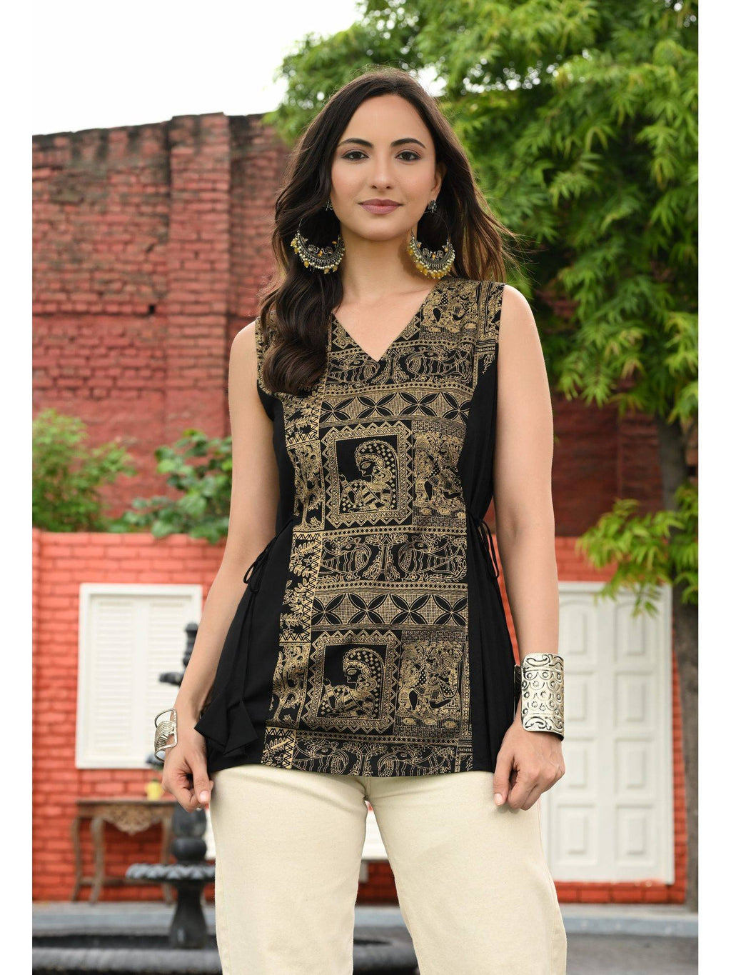 Women Rayon Printed V-Neck Hip Length Sleeveless A-Line Kurta | FY93 - view 1