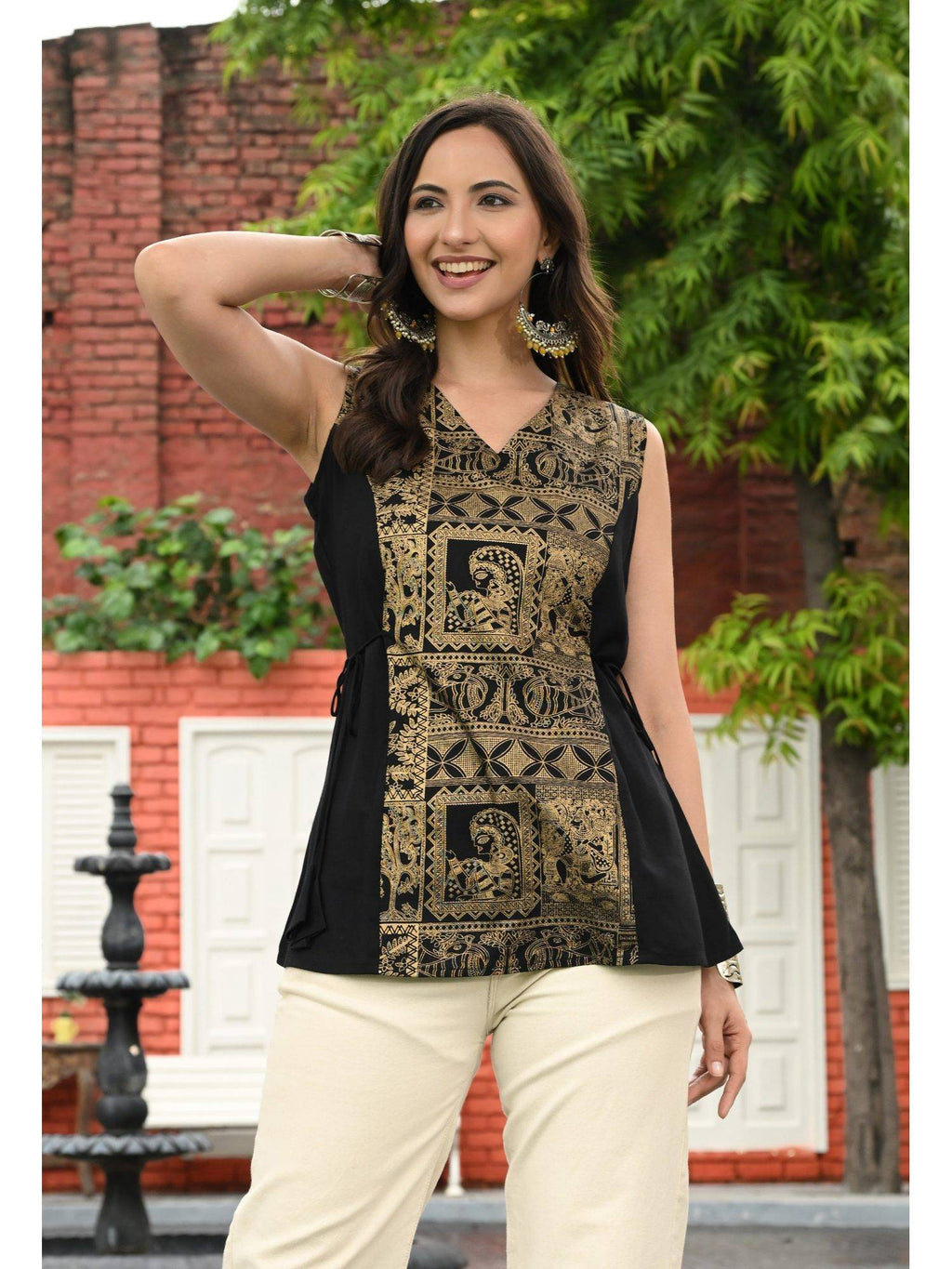 Women Rayon Printed V-Neck Hip Length Sleeveless A-Line Kurta | FY93 - view 4