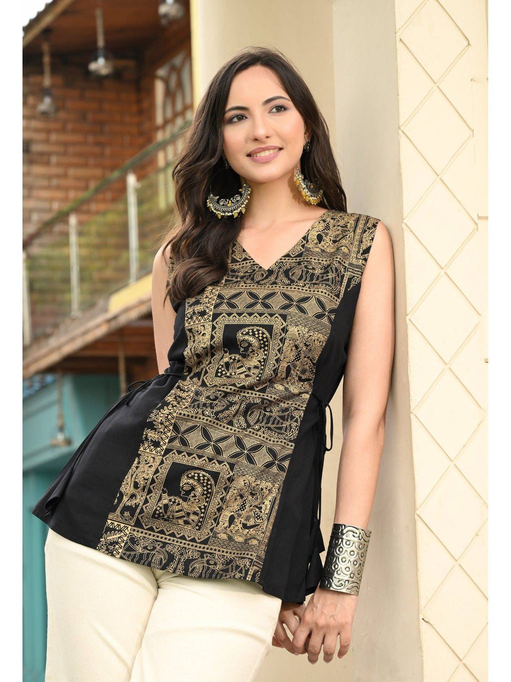 Women Rayon Printed V-Neck Hip Length Sleeveless A-Line Kurta | FY93 - view 5