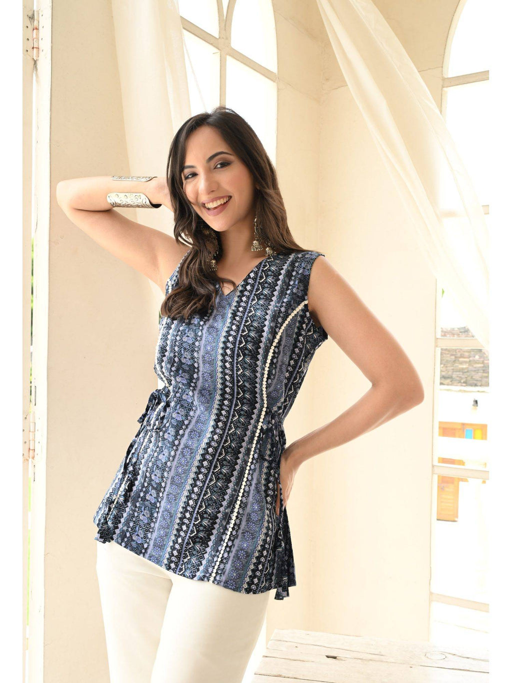 Women Rayon Printed V-Neck Hip Length Sleeveless A-Line Kurta | FY93 - view 3