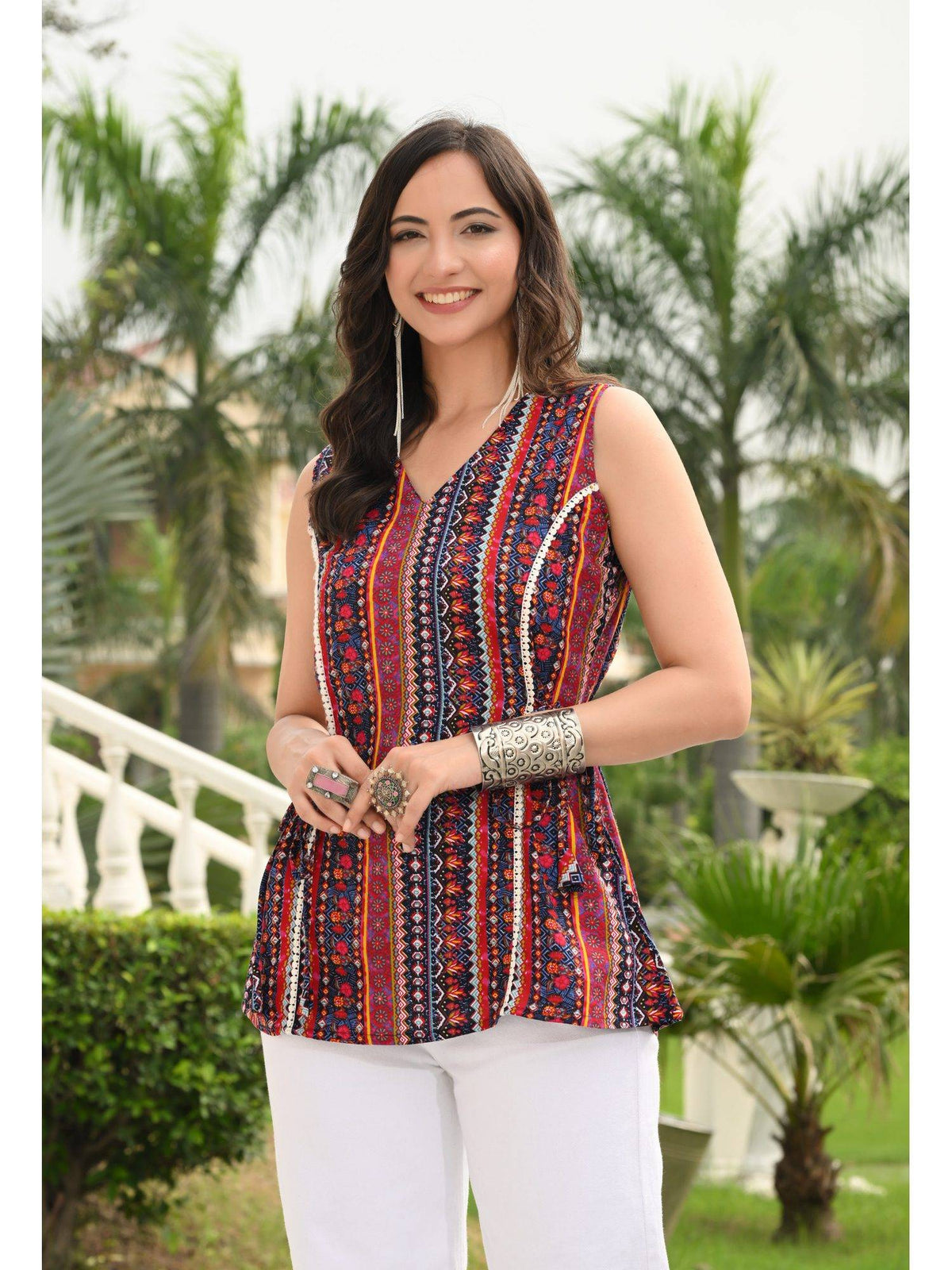 Women Rayon Printed V-Neck Hip Length Sleeveless A-Line Kurta | FY93 - view 3