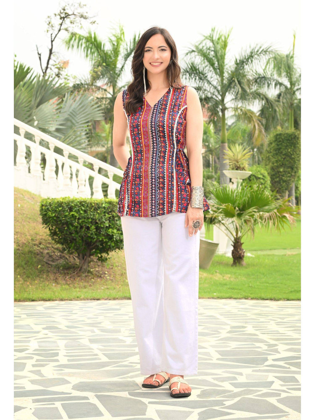 Women Rayon Printed V-Neck Hip Length Sleeveless A-Line Kurta | FY93 - view 15