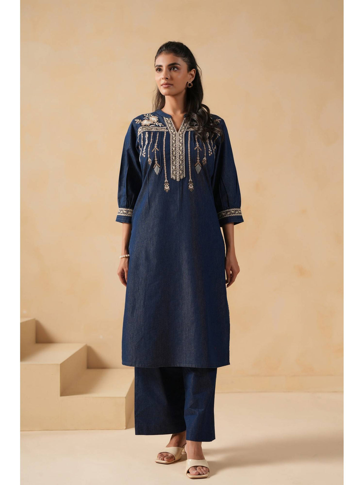 Women Blue Embroidered Straight Kurta | KDG - view 1
