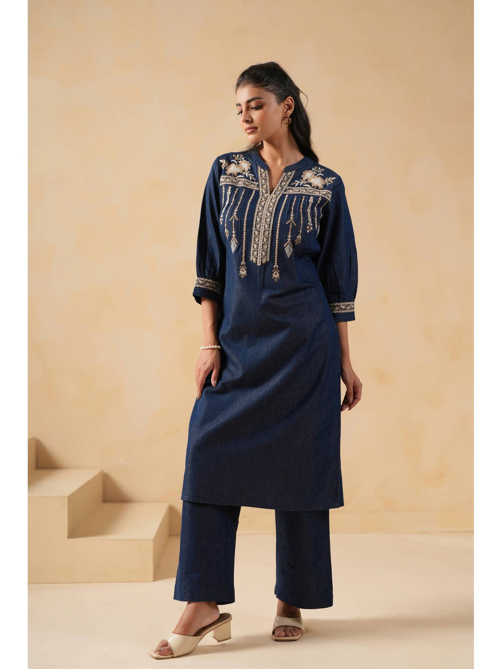 Women Blue Embroidered Straight Kurta | KDG - view 4