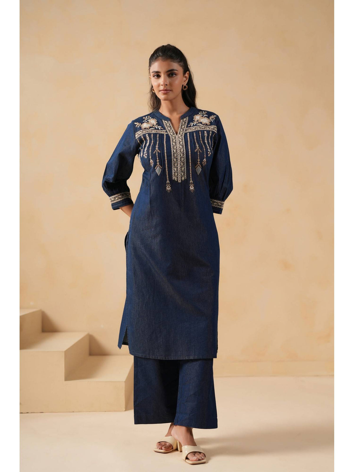 Women Blue Embroidered Straight Kurta | KDG - view 7